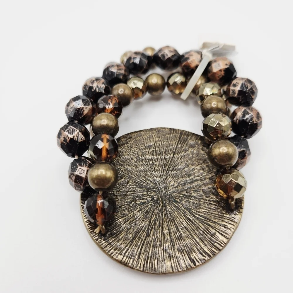 NEW VINTAGE Style & Co Amber Rhinestone Large Medallion Stretch Bracelet